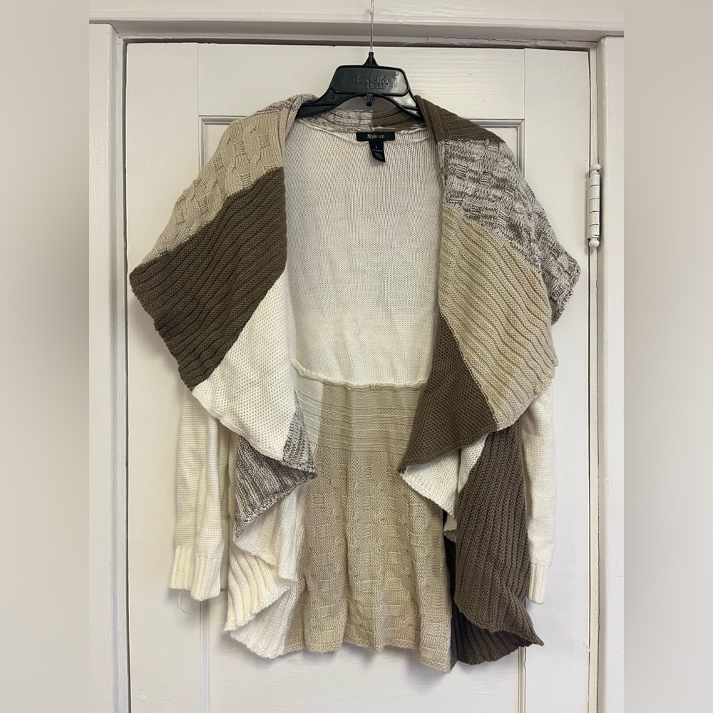 Style & Co Fairy Whimsical Boho Patchwork Brown Tan Cardigan Size Large EUC